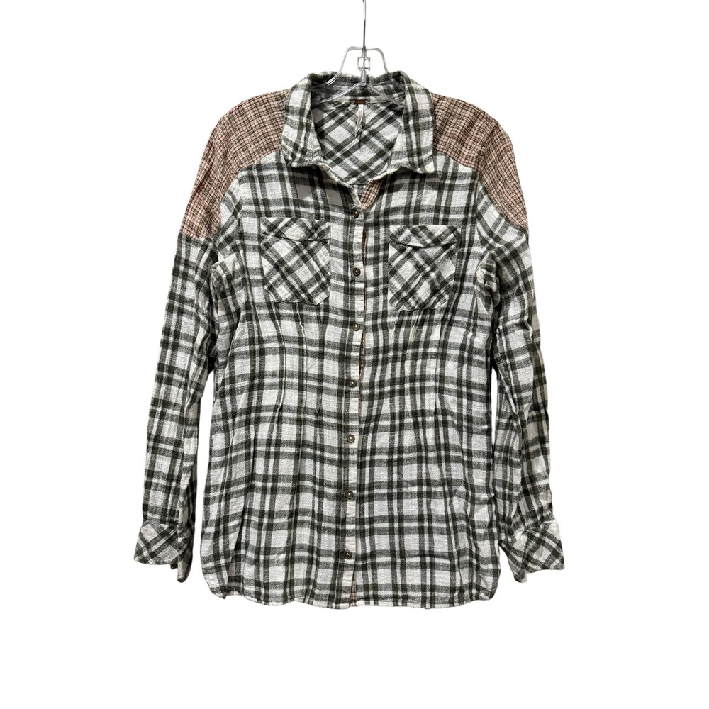 Free People Medium Mixed Plaid Button Down Shirt Green White Cotton
